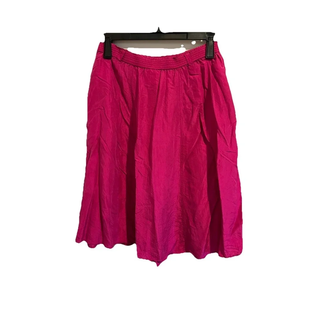 Vtg Diane Gilman Women 100% silk  integrated smocked waistband L‎ Hot Pink Midi